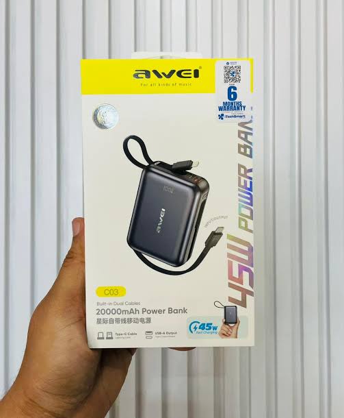 Awei C03 Dual Cable Fast Charging Powerbank 20000mAH 45W