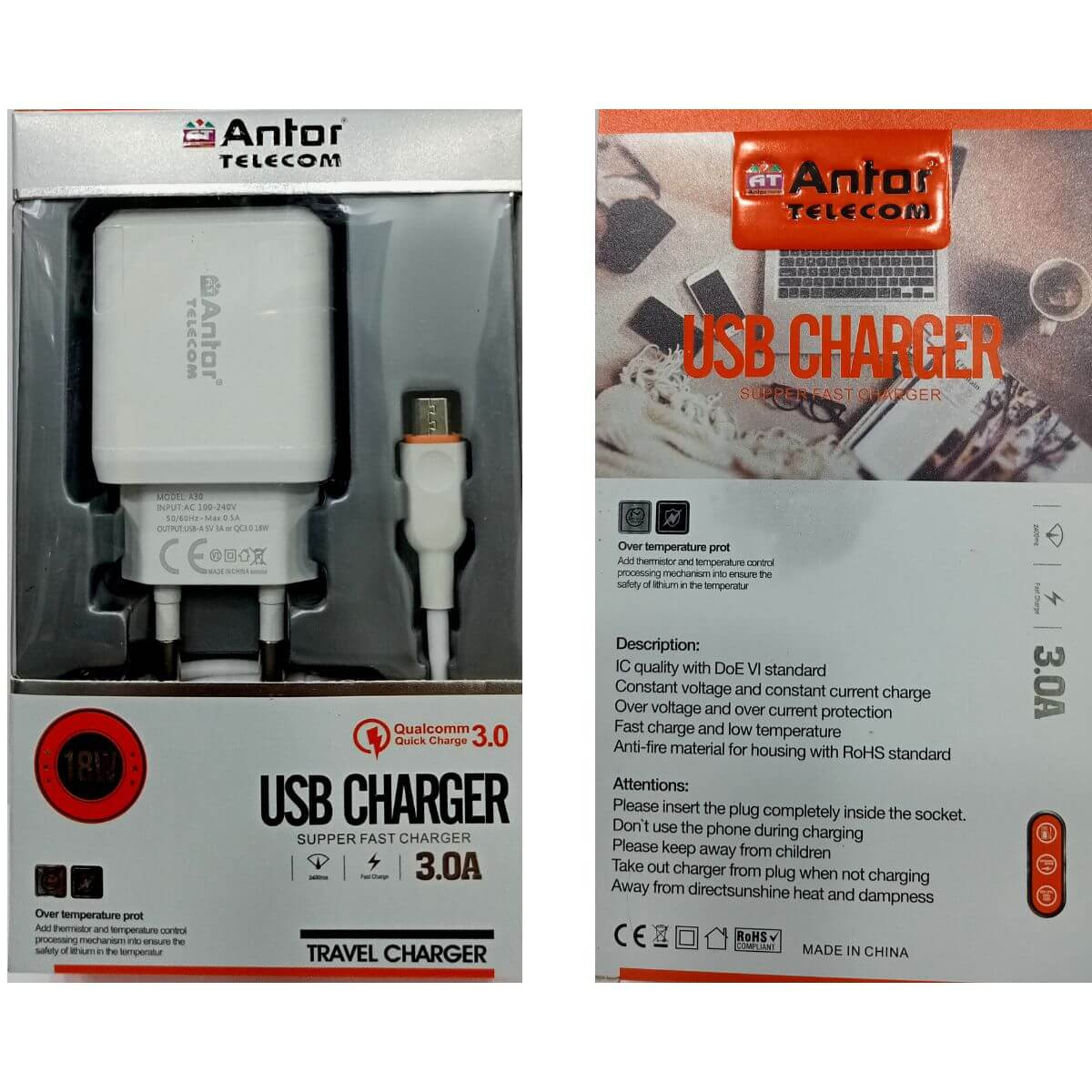 Antor 18Watt 3.0A QC Micro Cable USB Fast Charger BD