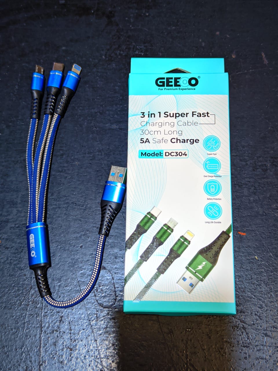 GEEOO Model 304 3 In 1 Super Fast Charging Cable 30CM Long 5A Safe Charge DataCable