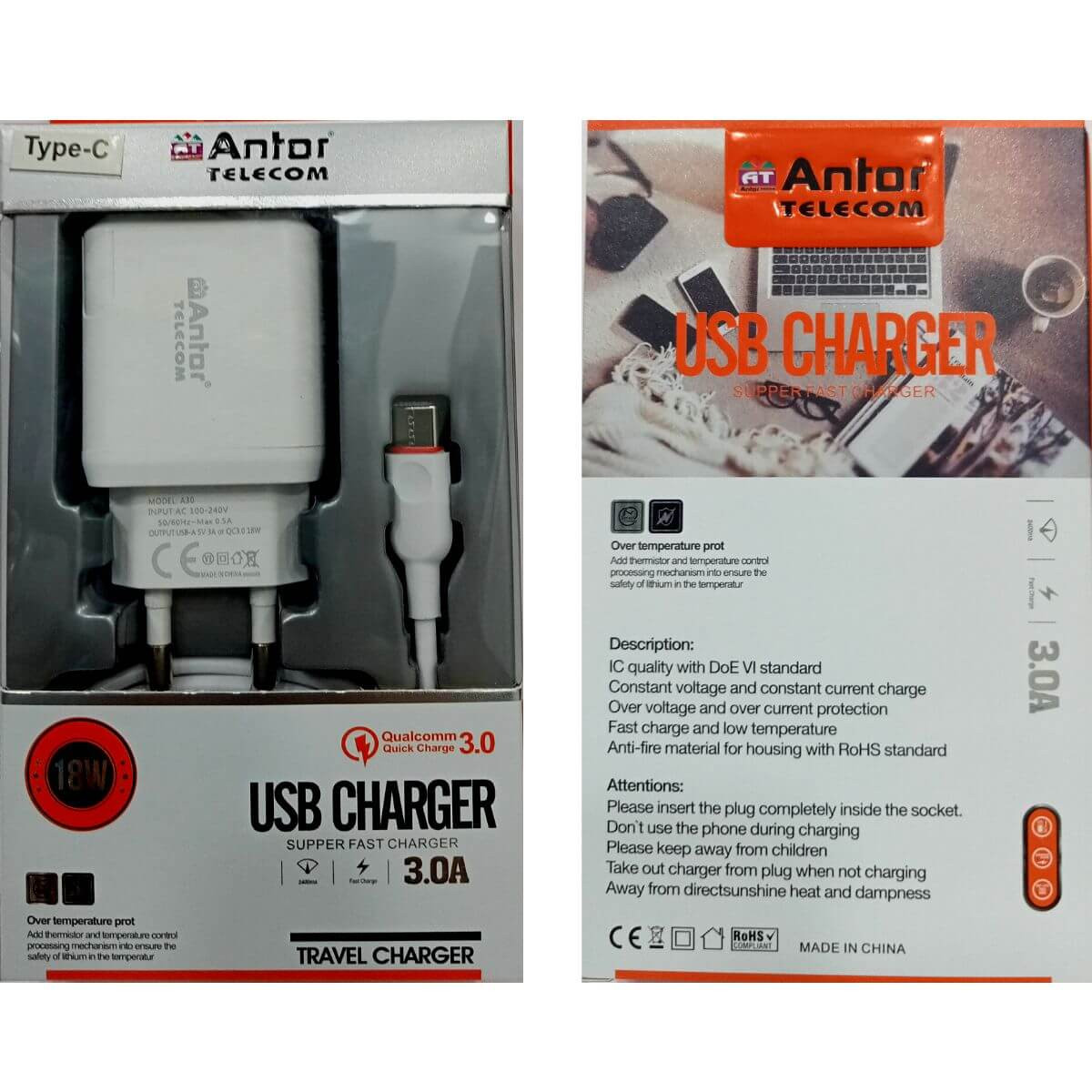 Antor 18Watt 3.0A QC Type-C Cable USB Fast Charger BD